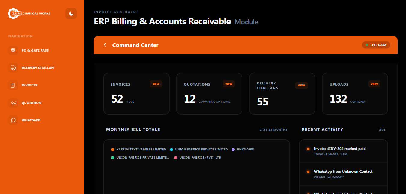 ZU Mechanical Works - ERP Billing & Accounts Receivable Module — project screenshot by Neura Agency